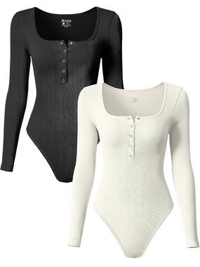 2-Pack Long Sleeve Henley Bodysuit - Black & White